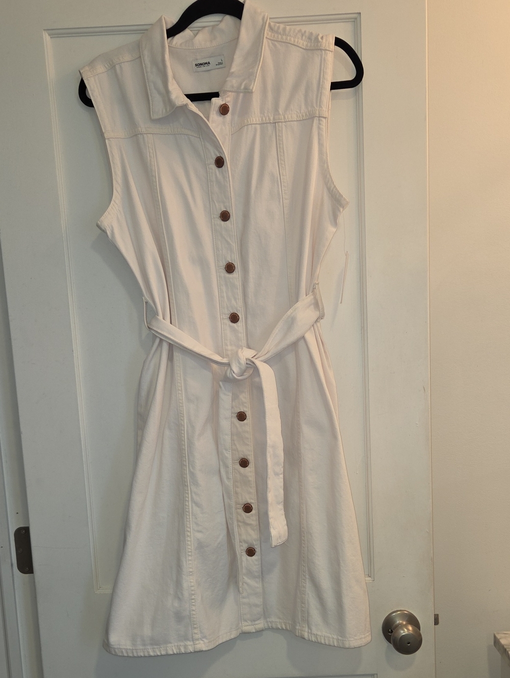 Sonoma White Denim Sleeveless Button-Front Midi Dress with Tie Waist